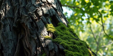 Sunlit Moss Growing on a Rough Tree Trunk in a Forest