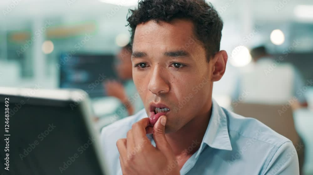 Poster Businessman, software developer and thinking with tablet for UI design, problem solving or troublshooting app at office. Man, designer or programmer with technology for UX, web or AI development