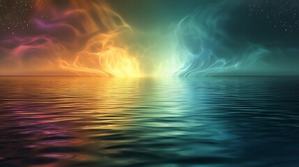 Obraz premium Colorful aurora borealis reflected in calm water at night.