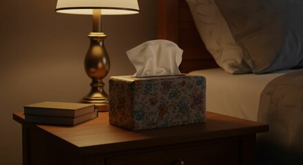 Cozy nightstand with lamp and tissues in warm bedroom setting