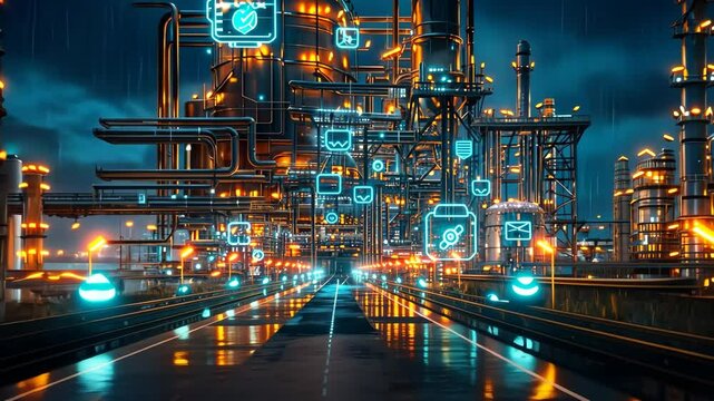 Digital twin of an industrial oil plant, overlaying the real scene with blue holographic digital lines and icons representing data collection.