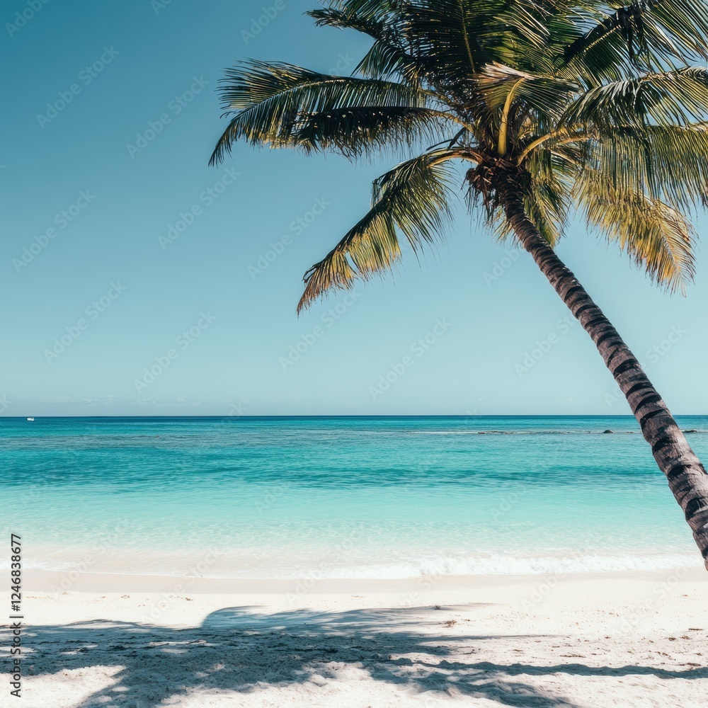 Poster turquoise water and swaying coconut palm on a serene tropical beach at midday. generative ai