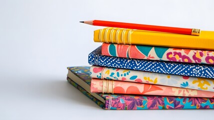 Colorful Stacked Notebooks with Red Pencil on White Background