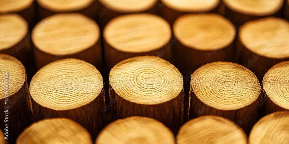 Poster close up of wooden logs with detailed circular patterns in natural warm tones : generative ai
