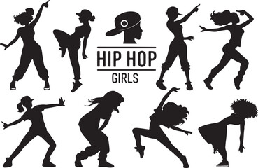Vector illustration, Hip hop girls dancer silhouette set, flat black color girls dancing on a white backgound.