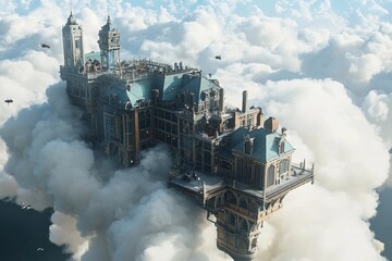 Naklejka premium City of clouds with towering skyscrapers and serene blue sky at sunset