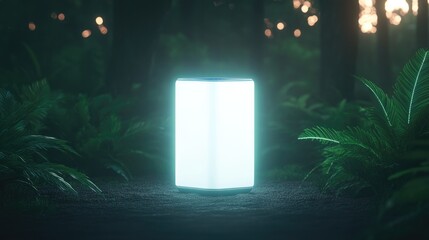 futuristic depiction of solar-powered medical device glowing softly in forest clearing under dappled sunlight