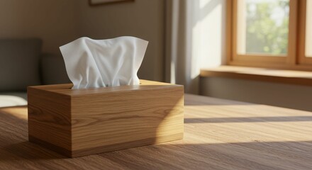 Wooden tissue box on sunlit wooden table by window