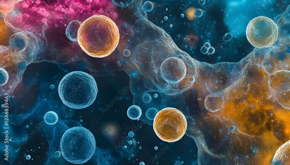 Poster microscopic cellular structures: abstract 3d rendering of cells, network connections, and molecular 