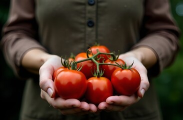A bunch of ripe tomatoes lies in the hands of a man. Summer harvest.