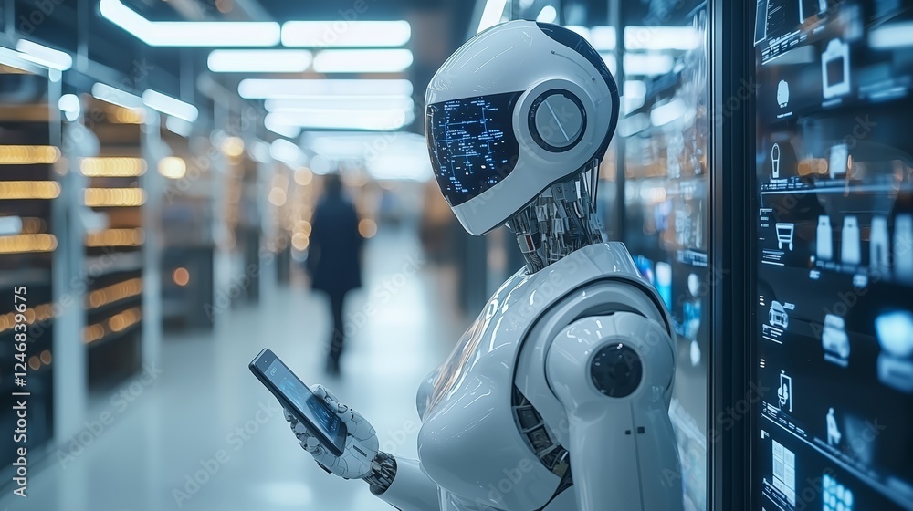 Poster futuristic robot interacting with digital technology display