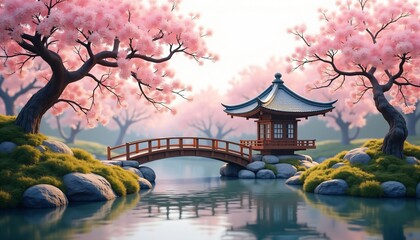 Tranquil Japanese garden with cherry blossoms, bridge, and pagoda.