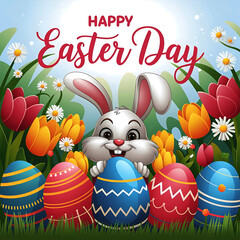 Hayyp easter day concept with Bunny eggs on the grass