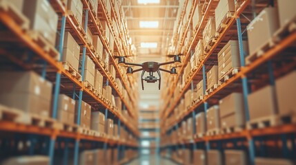 Fototapeta premium Drone Flying Over Shelves in Modern Warehouse Space