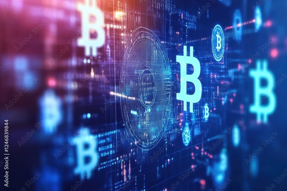 Poster abstract digital background with virtual currency symbols and blockchain network connections . a vis