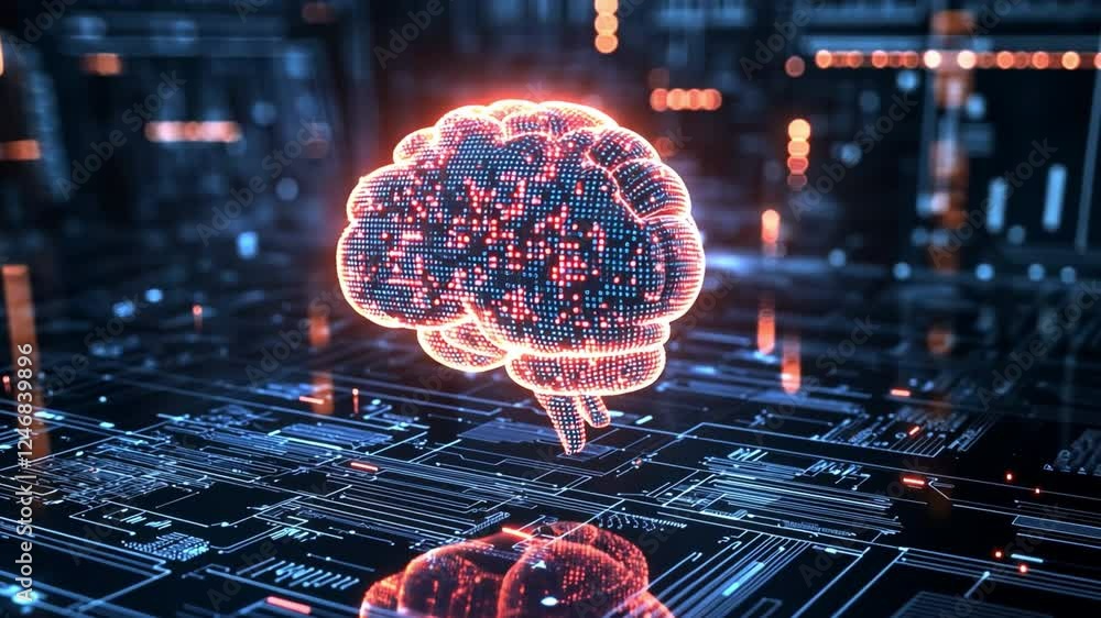 Poster artificial intelligence brain circuit: a glowing, futuristic brain is depicted as a circuit board, s