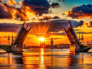 Dramatic Saint Petersburg: drawbridges rise against an orange sunset, a captivating nightscape.