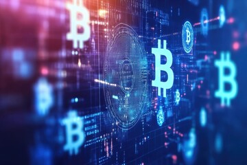 Obraz premium Abstract digital background with virtual currency symbols and blockchain network connections . A visual representation of Bitcoin alongside blockchain technology, .