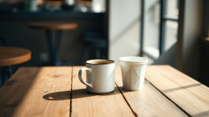 Fototapeta premium Morning sunlight illuminates a wooden table with two white cups, one filled with coffee, creating a tranquil cafe scene.