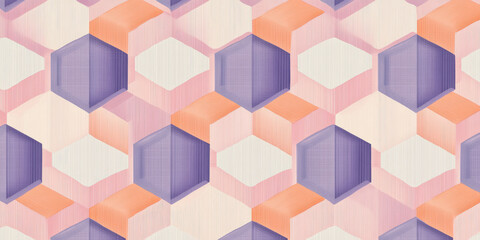 Obraz premium A non-seamless geometric pattern with bold and minimalistic hexagonal structures in pastel peach fuzz, lilac, and burnt orange.