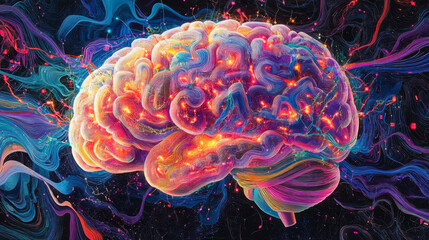 Vibrant stylized illustration of a human brain highlighting neural connections and activity in a cosmic background