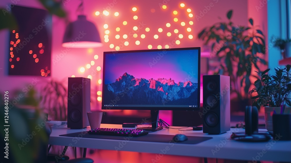 Poster stylish computer setup with colorful lights in modern room