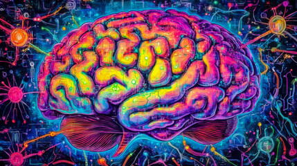 Vibrant stylized illustration of a human brain highlighting neural connections and activity in a cosmic background