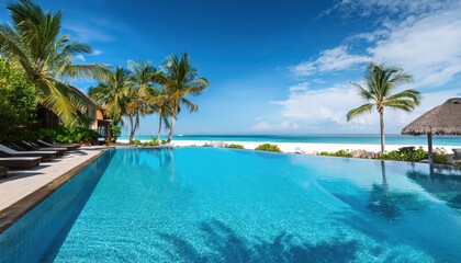 Obraz premium Vibrant summer oasis with sparkling pool and stunning ocean view at a tropical resort retreat