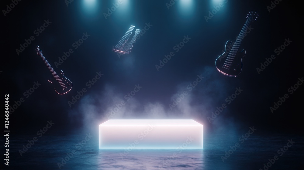 Poster glowing stage surrounded by floating musical instruments captured in dark minimalist environment wit