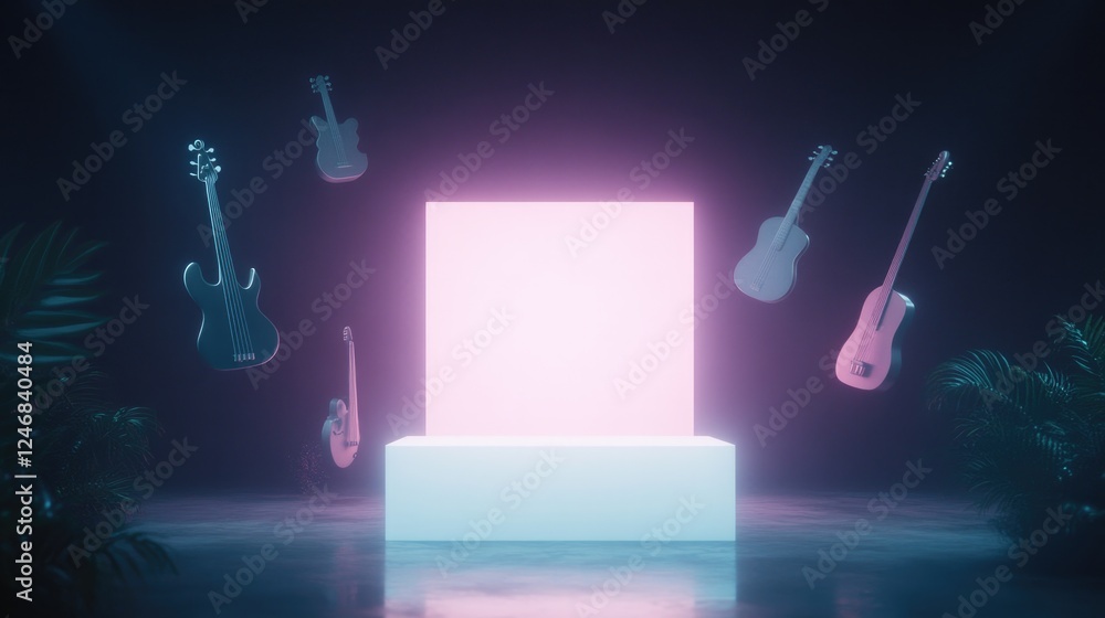 Poster glowing stage surrounded by floating musical instruments captured in dark minimalist environment wit