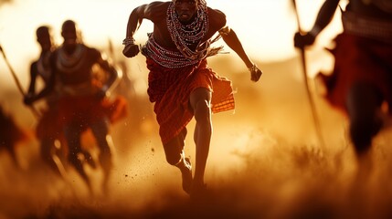 Maasai warriors performing adumu jumping dance, displaying cultural prowess and rhythmic leaping against warm hued sunset spanning savanna landscape in east african highlands