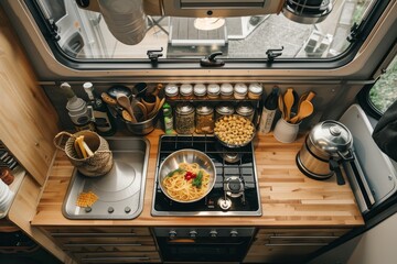 Organized rv kitchen with efficient induction hob cooking pasta in a compact space