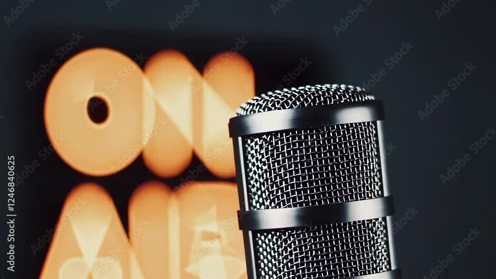 Poster podcast recording studio featuring professional microphone with illuminated on air sign, capturing a