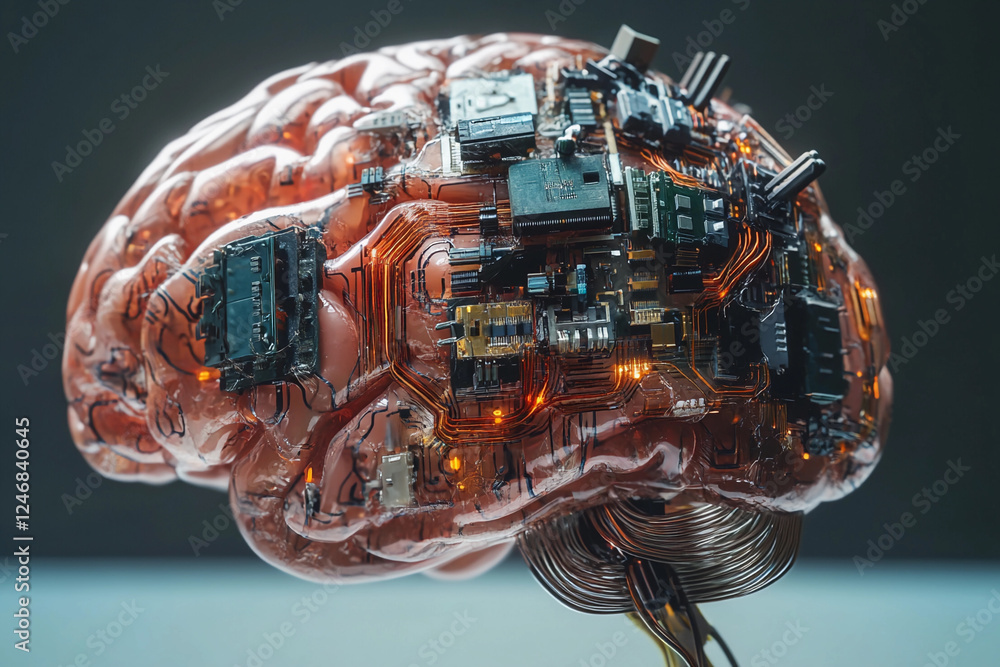 Fototapete futuristic brain design featuring circuit board elements merging technology with organic structure