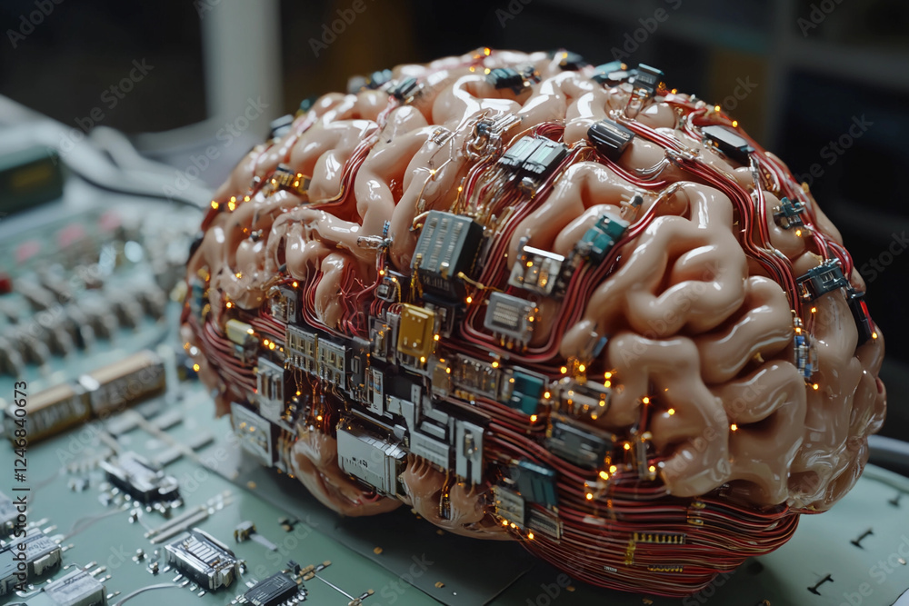 Fototapete futuristic brain design featuring circuit board elements merging technology with organic structure