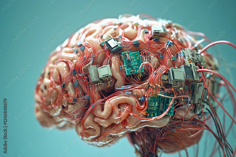 Fototapete futuristic brain design featuring circuit board elements merging technology with organic structure