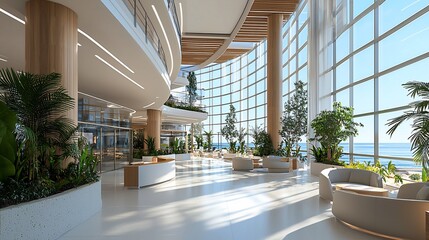 Modern coastal building lobby with ocean view.