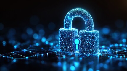 Glowing digital lock on network; cybersecurity