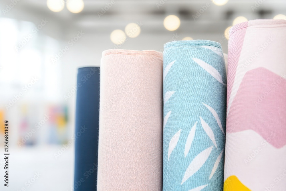 Poster group of fabric bolts displayed vertically in textile store with vibrant patterns illuminated by sof