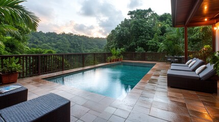 Fototapeta premium Poolside lounge chair and table beside a clear swimming pool in a sunny outdoor setting