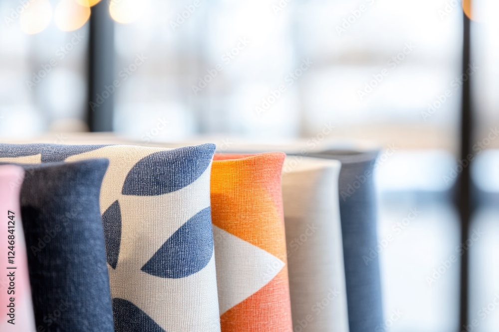 Poster group of fabric bolts displayed vertically in textile store with vibrant patterns illuminated by sof
