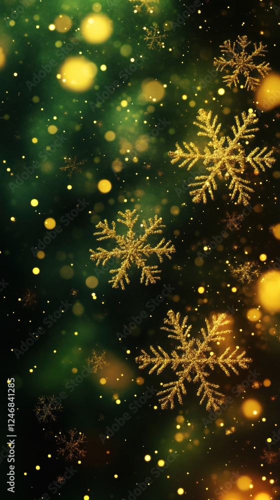 Poster golden snowflakes floating on a dark green background with blurred lights creating a magical scene