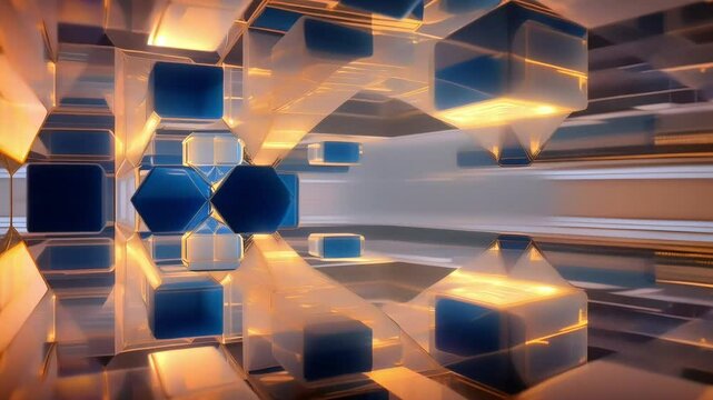 geometric pattern with layered translucent cubes floating in a weightless space