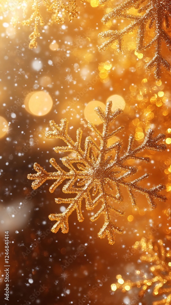 Poster golden snowflake ornaments with falling snow and bokeh lights creating a festive winter scene