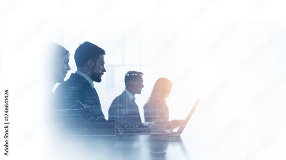 Poster group of people in collaborative workspace using financial technology tools captured with bright and