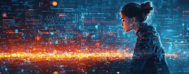 Woman contemplating futuristic digital city data streams.