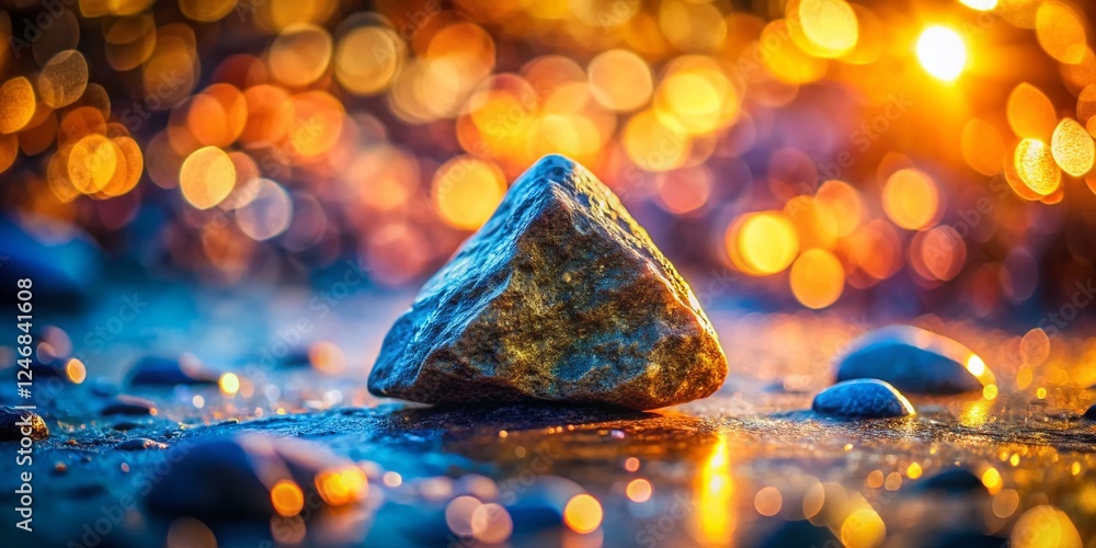 Poster majestic angular rock formation on pebbled ground - bokeh background