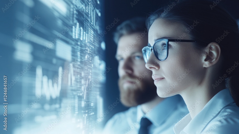 Poster group of people in collaborative workspace using financial technology tools captured with bright and