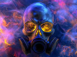 Skull in a gas mask surrounded by colorful smoke creates a striking visual symbol of impending danger and mystery