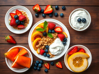 A beautifully arranged breakfast with fresh fruits, granola, and yogurt on a wooden table, top-down view, vibrant colors, appetizing presentation, photorealistic textures